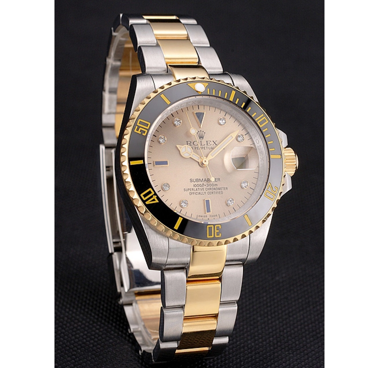 Aaa fake watches Dial Two Bracelet Markings Gold Black Swiss Diamond Gold Steel Submariner Bezel Tone Rolex 0819